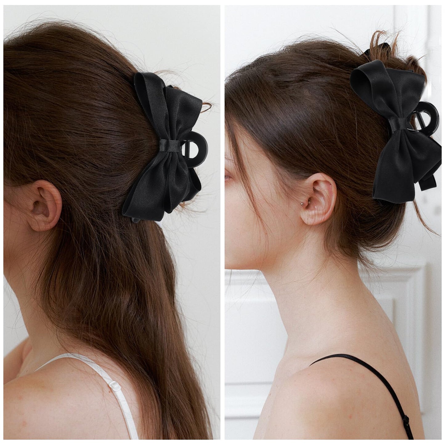 Women's Large Hair Accessories - Cute Bow-knot Clips, Long Tail Barrettes, Tassel Ribbon Claws, and Non-Slip Clamps in Black, Brown, and White