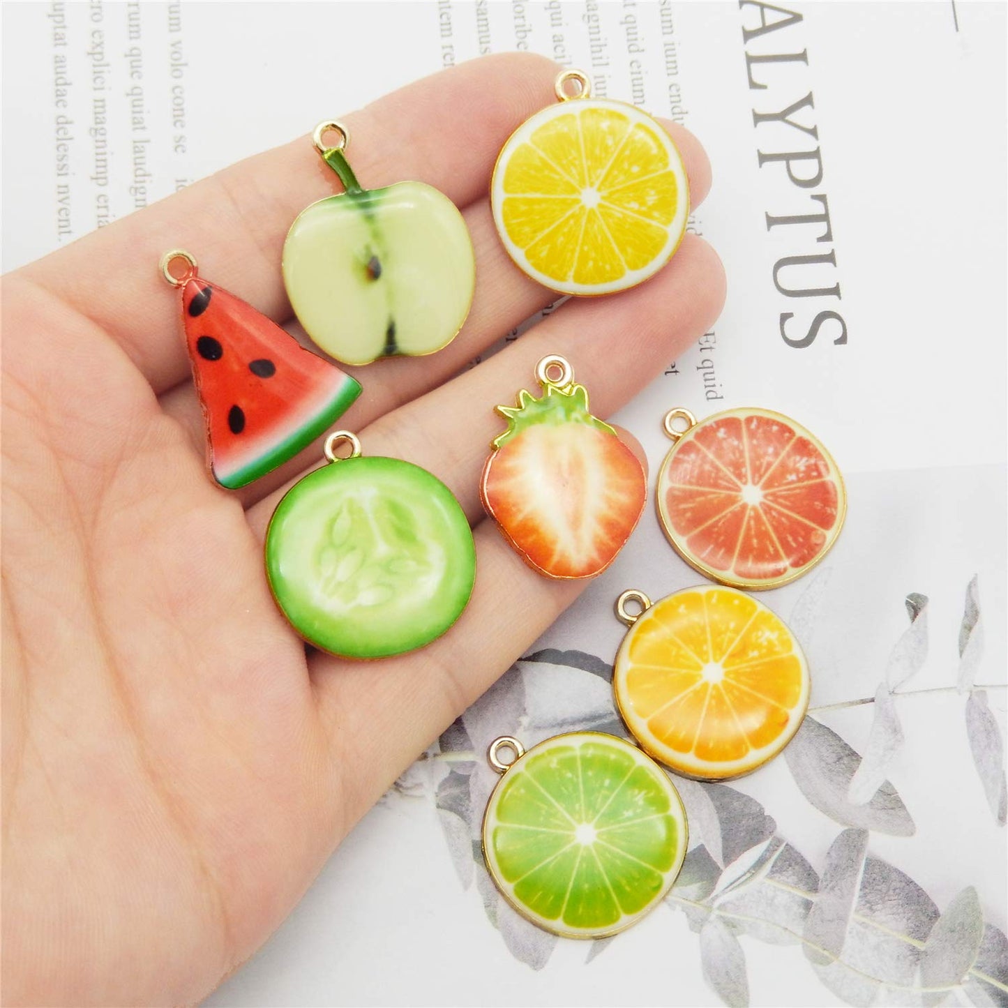 32pcs Assorted Gold Plated Enamel Lemon Watermelon Orange Strawberry Apple Dainty Dangle Fruit Food Charms for Earrings Jewelry Making Necklace Bracelet