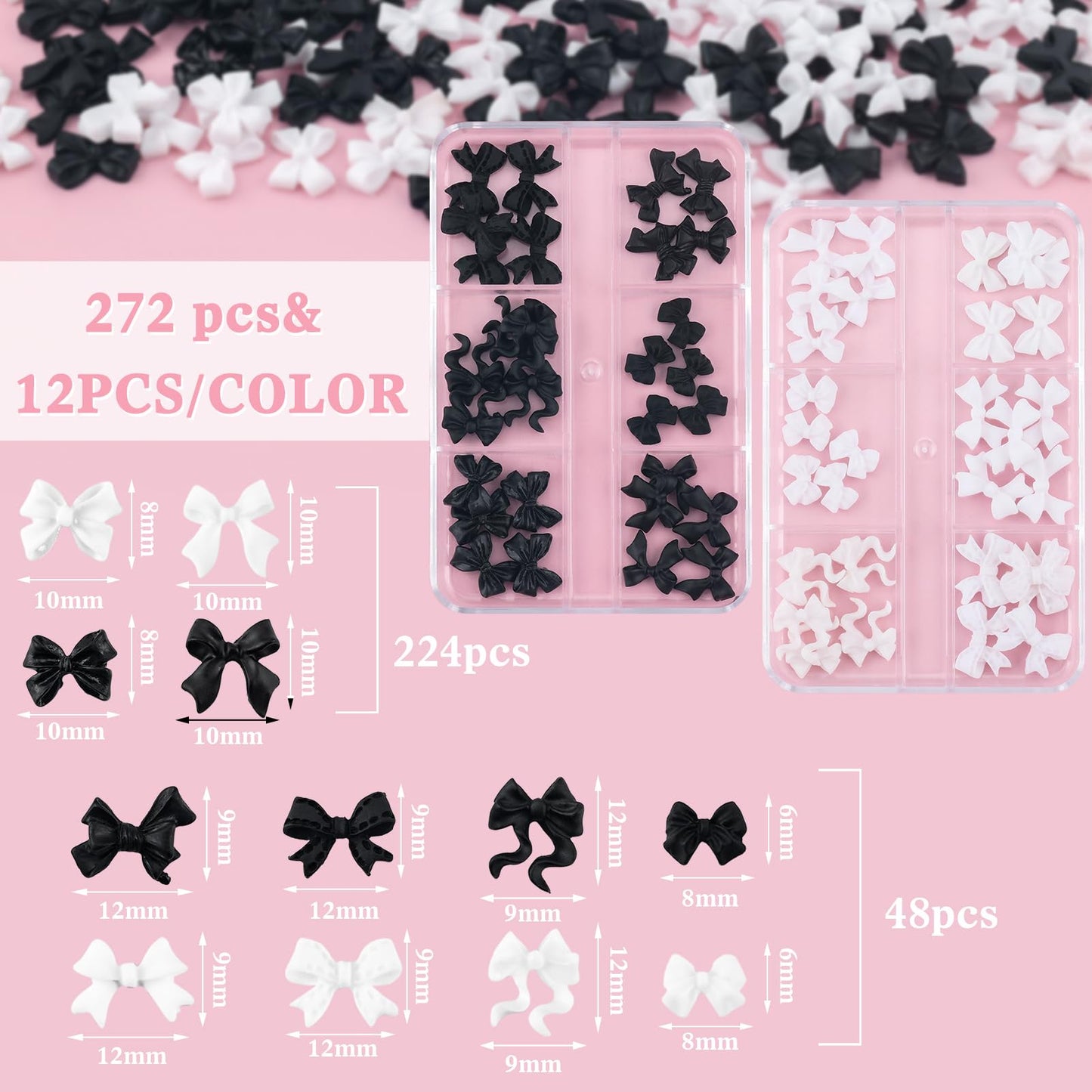 260Pcs Bow Nail Charms 3D Acrylic Bulk Black Bowknot Decoration Art Charms for Nails Kids Design Cute Y2k White Kawaii Resin Charms Flatback Tiny Mixed Bows Small Accessories for DIY Craft