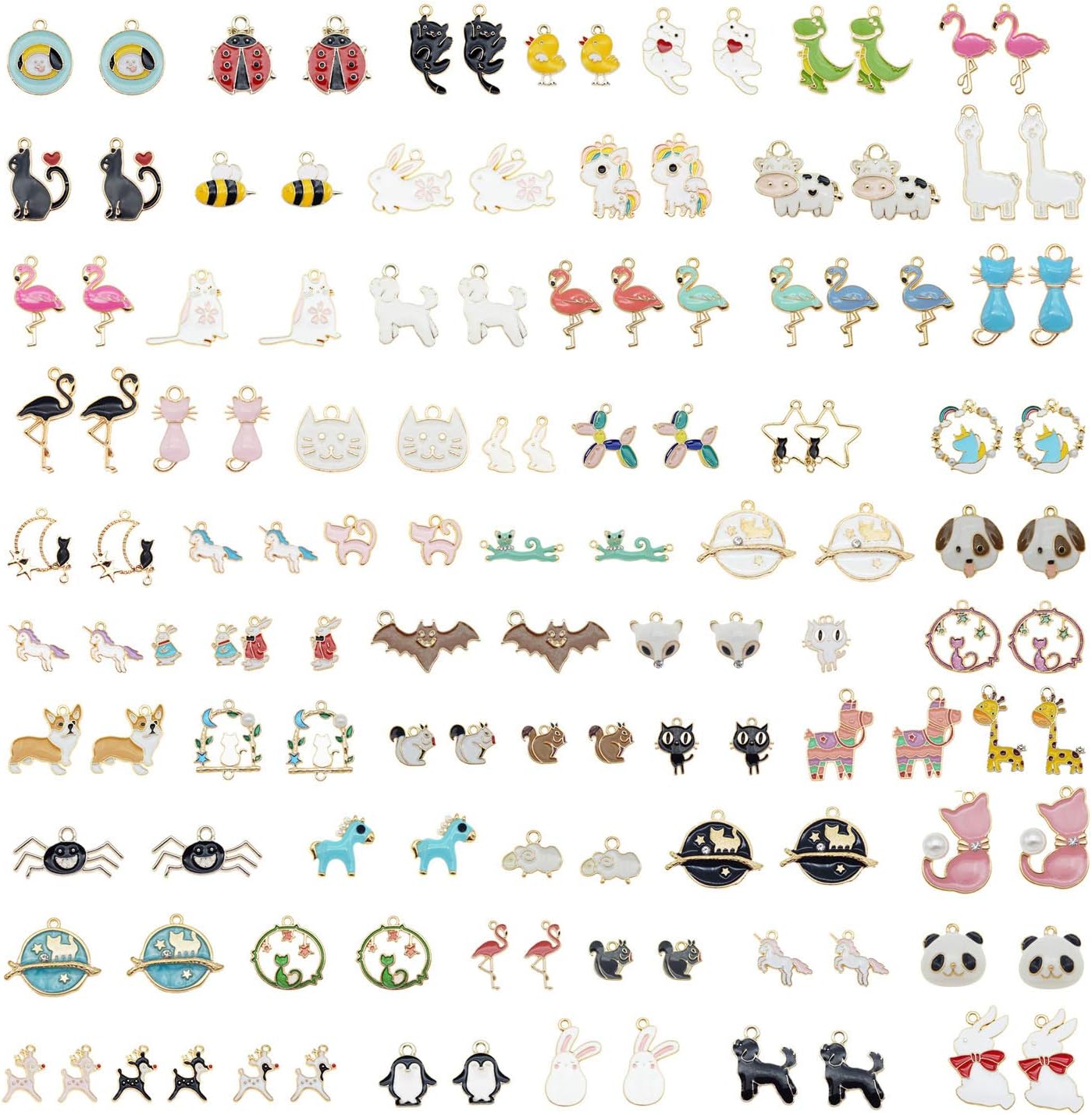 100pcs(50PAIRS) Assorted Animal Enamel Pendants Charms Dog Cat Bee Flamingo Giraffe Unicorn Enamel Charms for Bracelet Earring Necklace Making