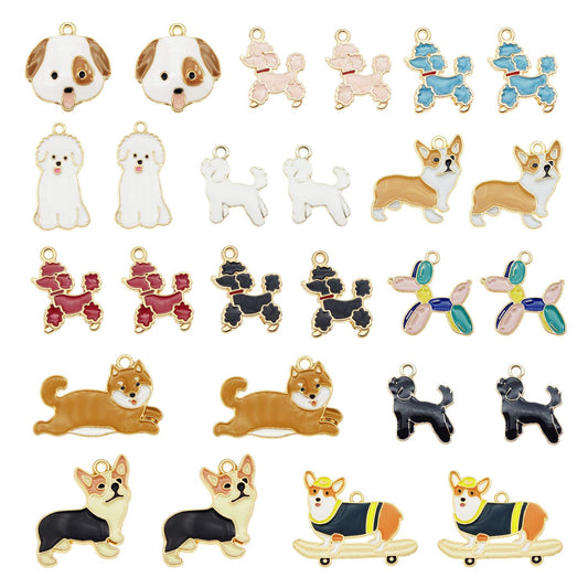 24pcs(12PAIRS) Assorted Gold Plated Enamel Pet Dog Dainty Dangle Cute Animals Charms Pendant for Jewelry Making Necklace Bracelet, 12 Styles