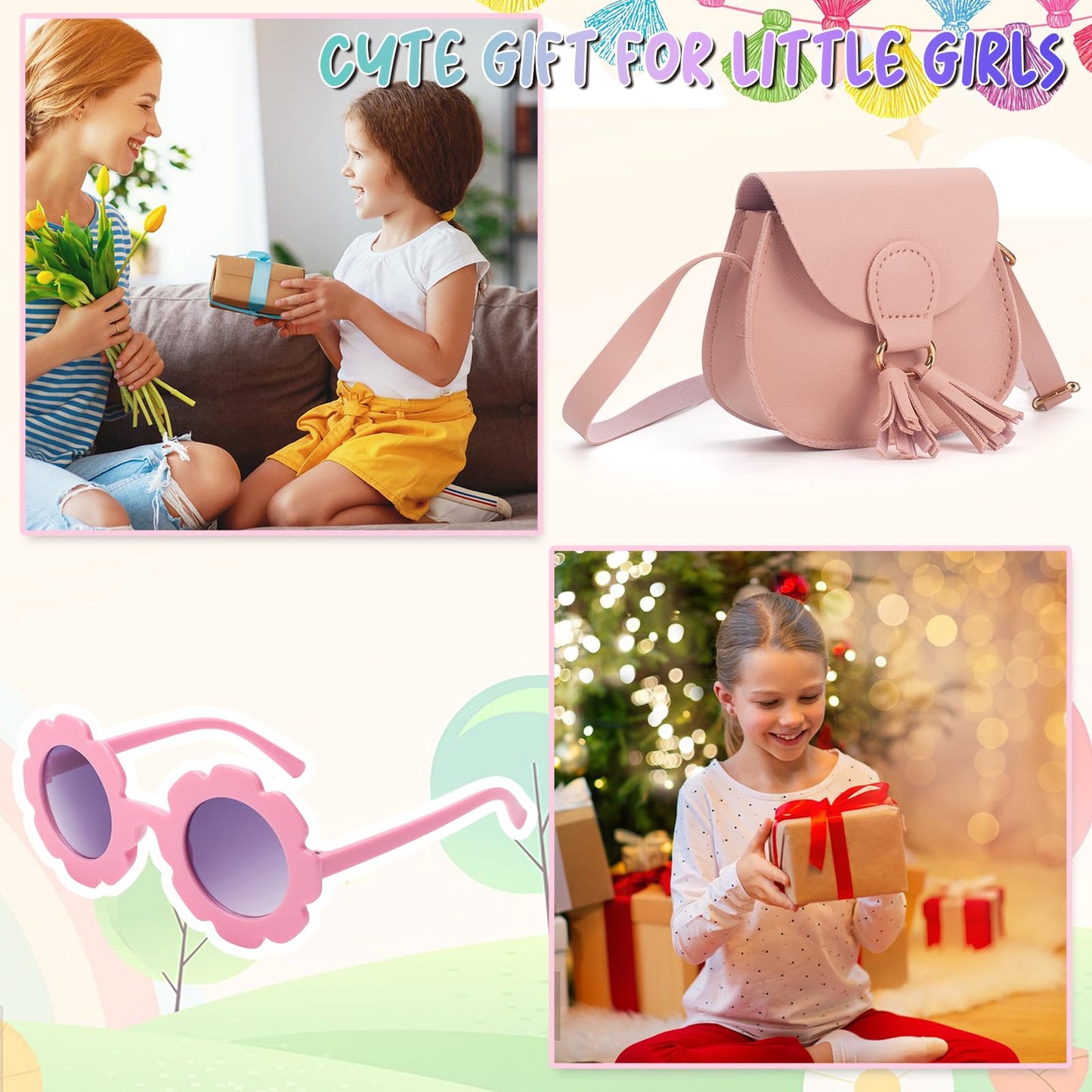 Sac à main pour filles, sac à bandoulière pour enfants, sacs à bandoulière pour tout-petits, sacs à pompons pour filles de 2 à 14 ans, dans une boîte cadeau 