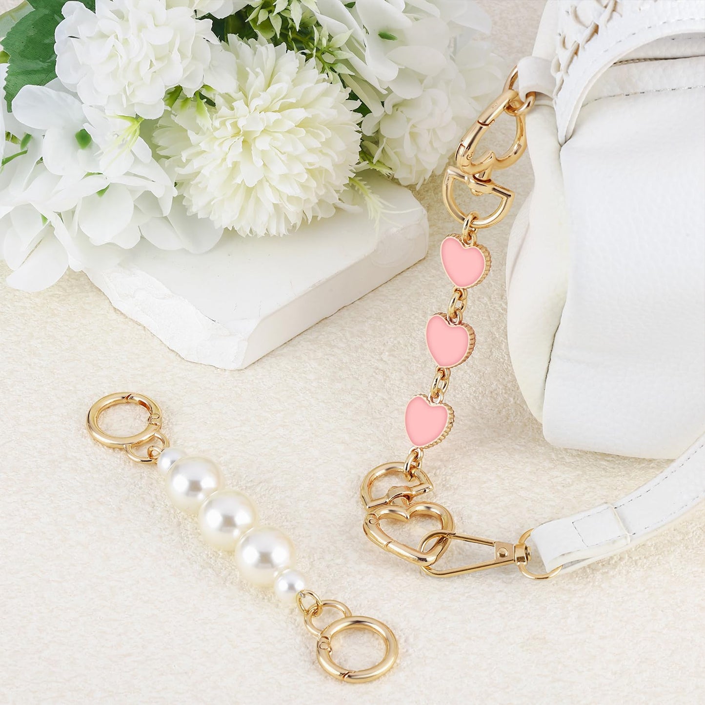 2Pcs Bag Extender Chain Metal Pearl Double Purse Strap Extenders for Handbags Crossbody Bag Gold Purse Extender Chain Purse Strap Replacement Black White Purse Accessories Bag Charms Mobile Phone Case