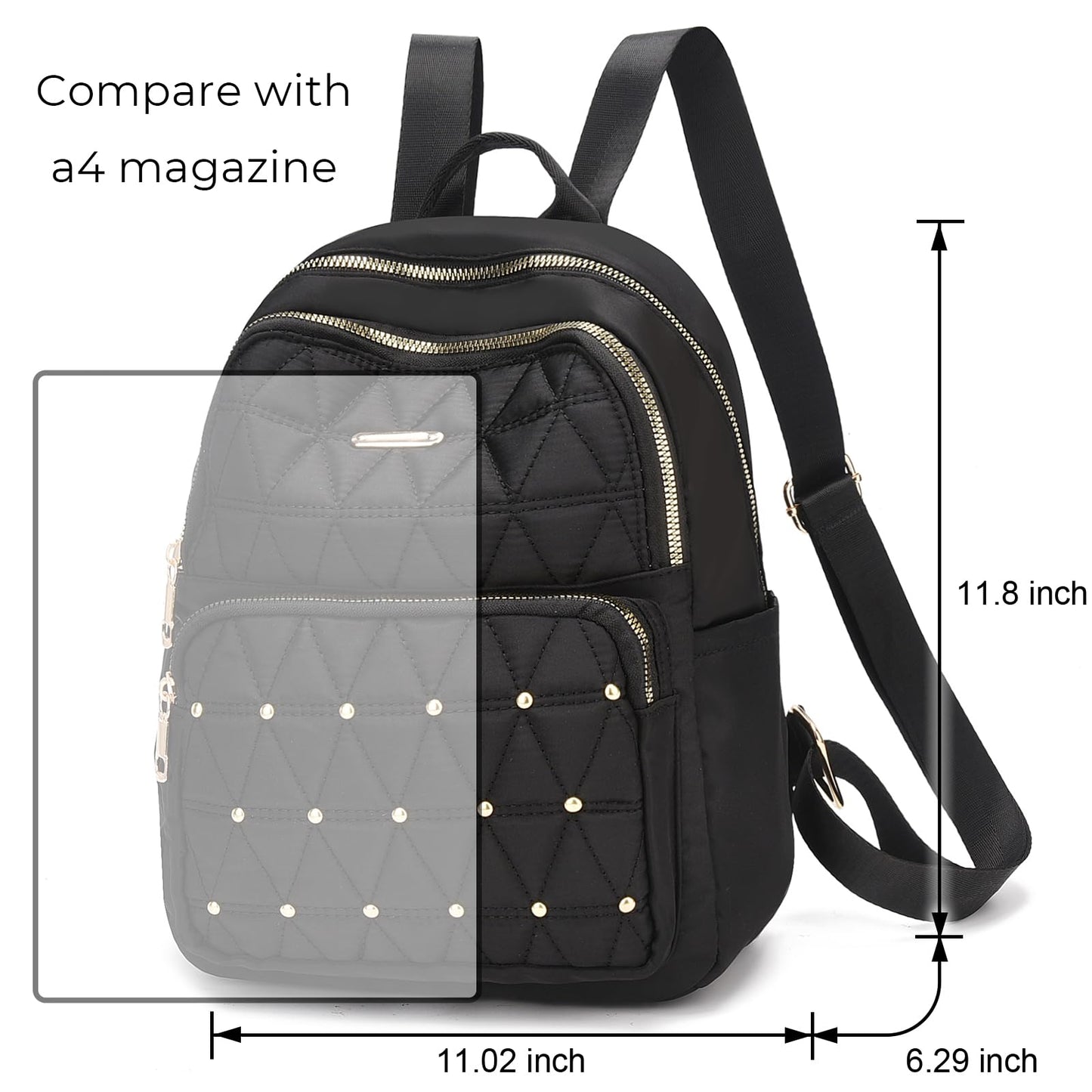 I IHAYNER Mini sac à dos pour femme en nylon Sac à main de voyage Sac à bandoulière pour l'université Travail Décontracté Sac à dos léger avec rivets pour femme Noir