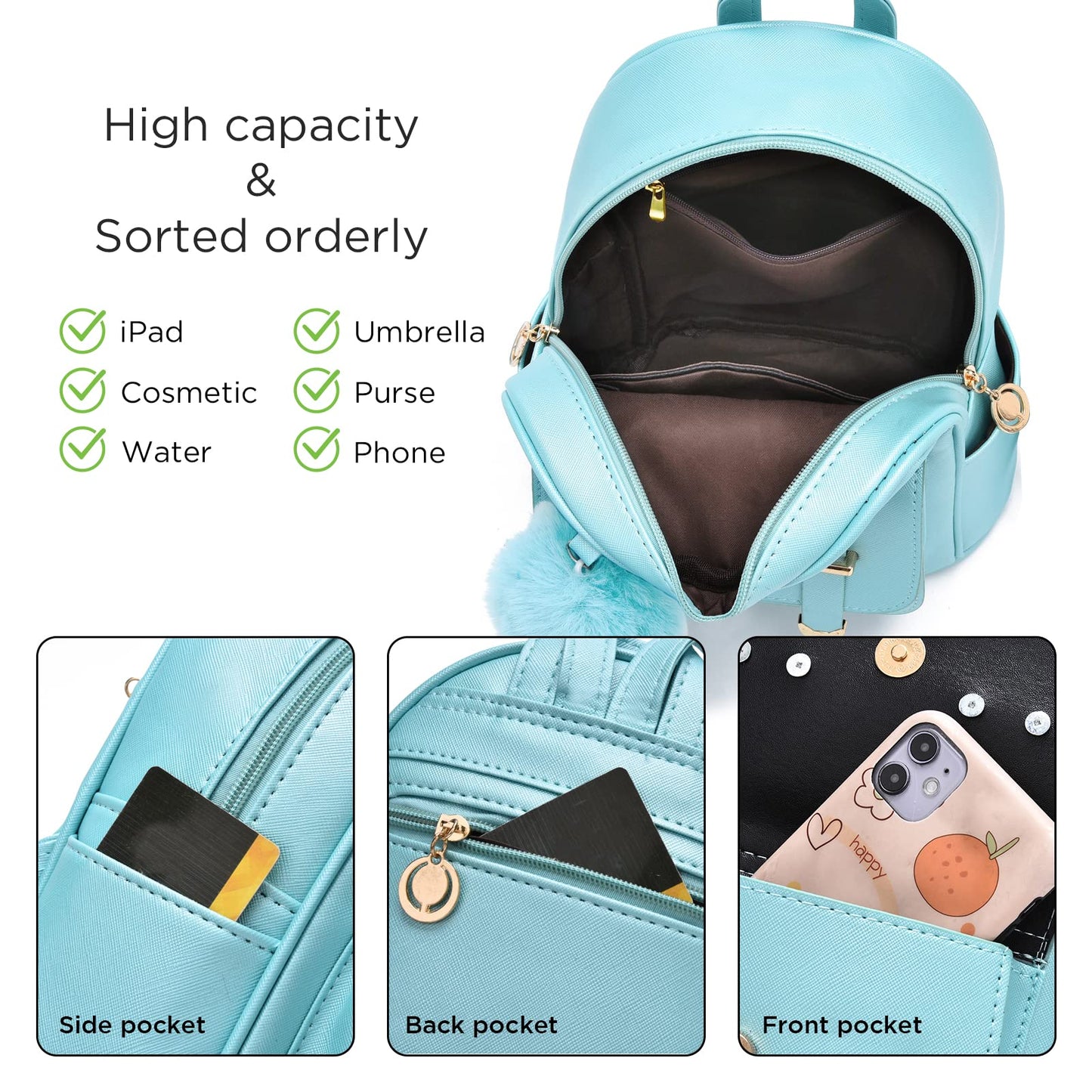 I IHAYNER Sac à dos tendance pour filles Mini sac à dos pour femmes Sacs à main pour adolescentes Sac à dos à pompon en cuir PU Sac à bandoulière