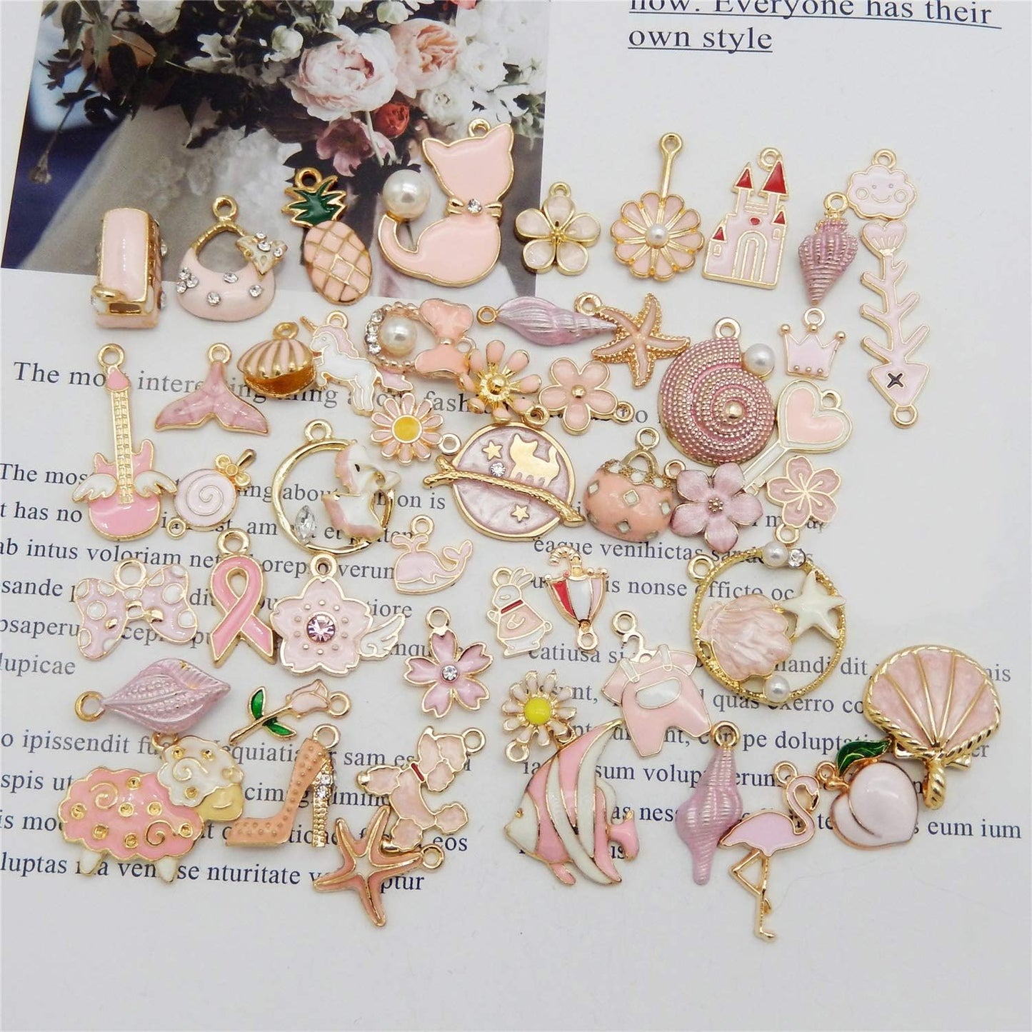 40pcs(20PAIRS) Assorted Gold Plated Enamel Animals Fruit Moon Star Dainty Dangle Flowers Pendants Charms for Jewelry Making Necklace Bracelet, Pink Theme