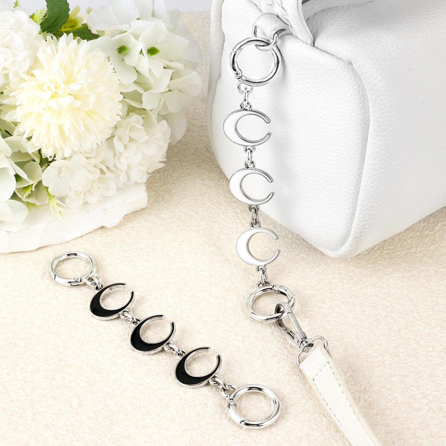 2Pcs Purse Extender Chain Silver Bag Extender Chain Heart Moon Purse Strap Extender Black Purse Strap Replacement Crossbody Purse Accessories for Women Bag Charms for Handbags Tote Bags Purse Making