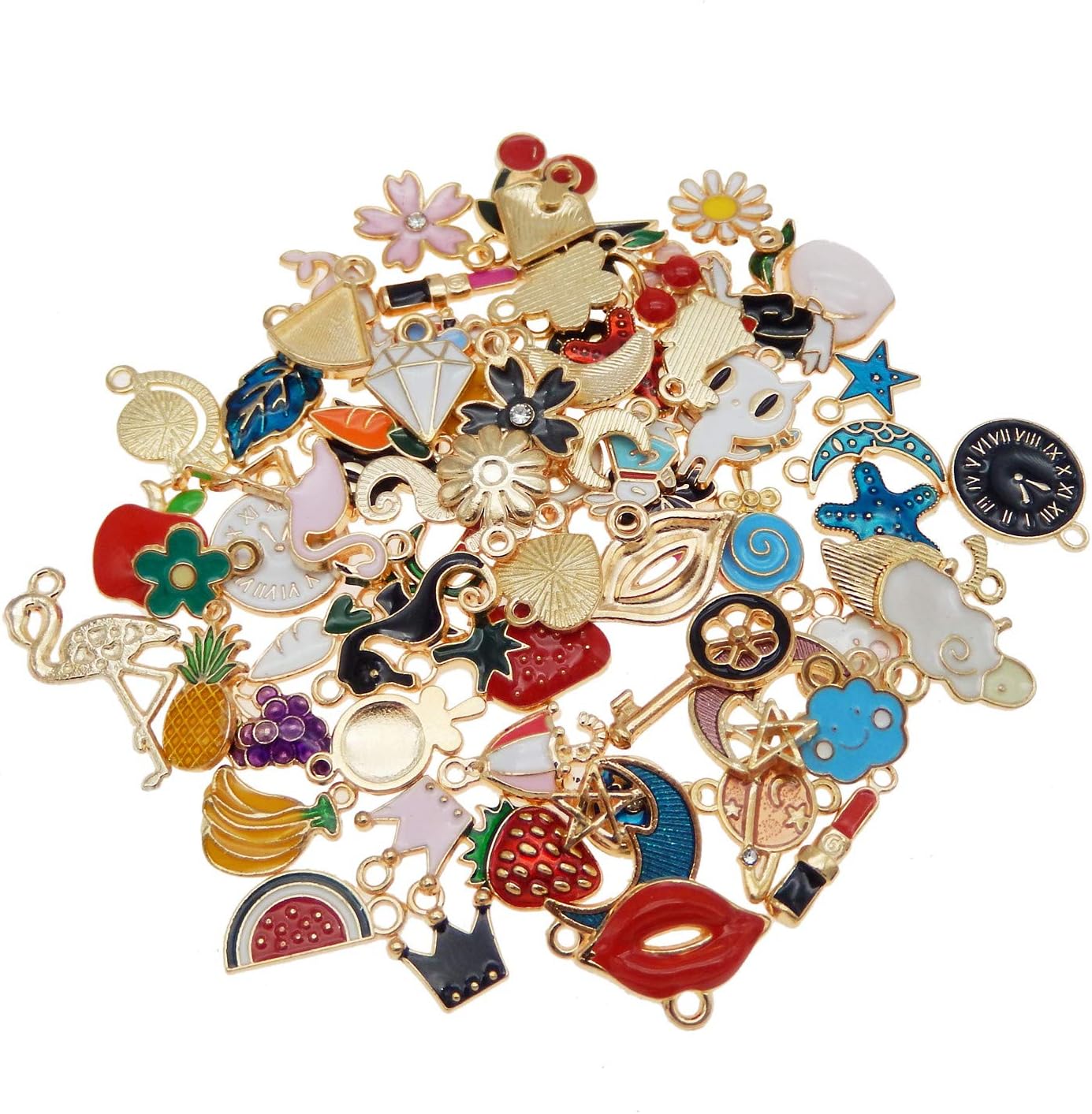 JJG Lot de 60 pendentifs en émail plaqué or assortis en forme de lune, d'étoile, d'animaux, de fruits, de fleurs, pour boucles d'oreilles, fabrication de bijoux, colliers, bracelets 