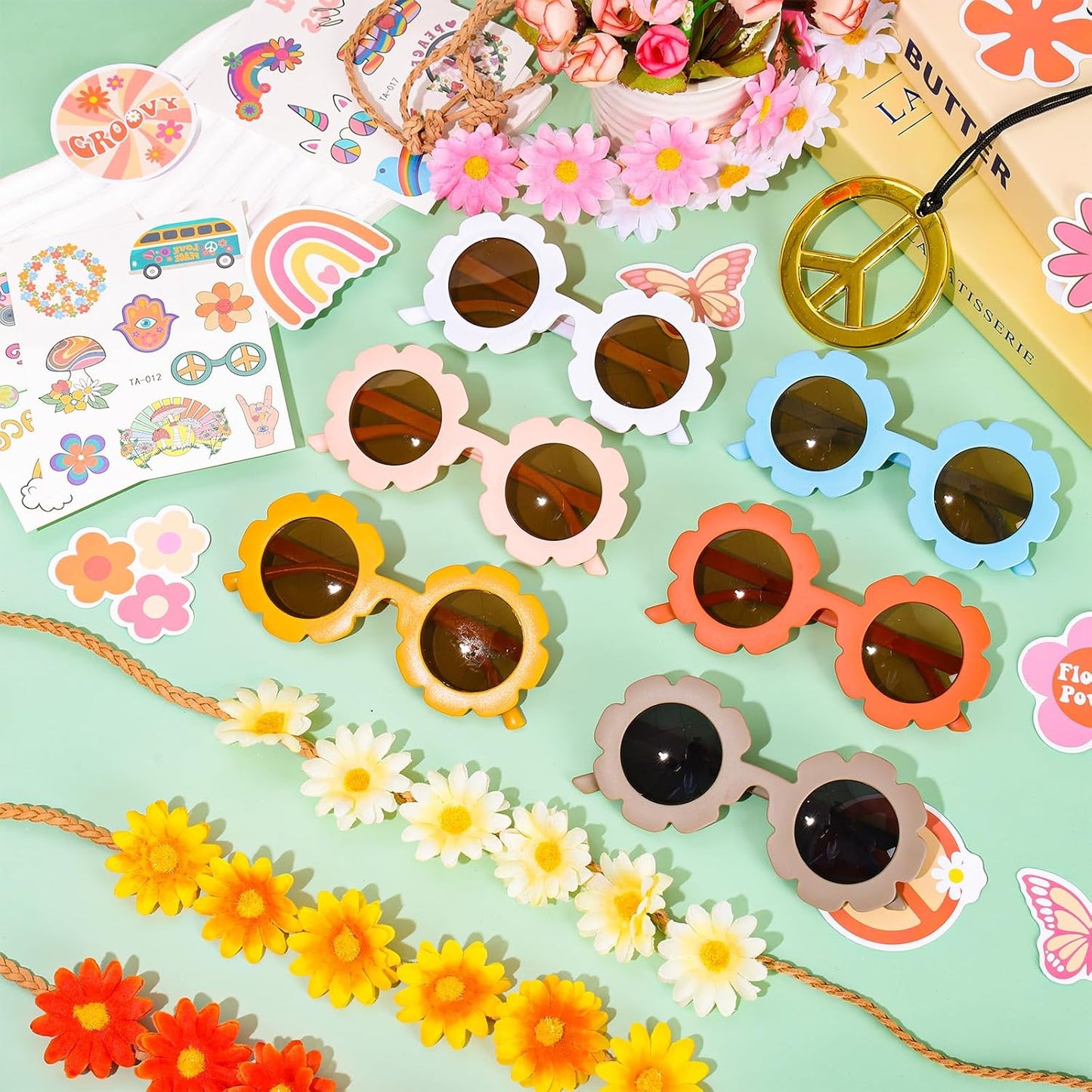 Whaline 77Pcs Groovy Hippie Party Accessories Daisy Flower Headbands Hippie Round Flower Glasses Peace Sign Necklace Temporary Tattoos for Retro Boho Costume Accessories Kids 60s 70s Party Gifts