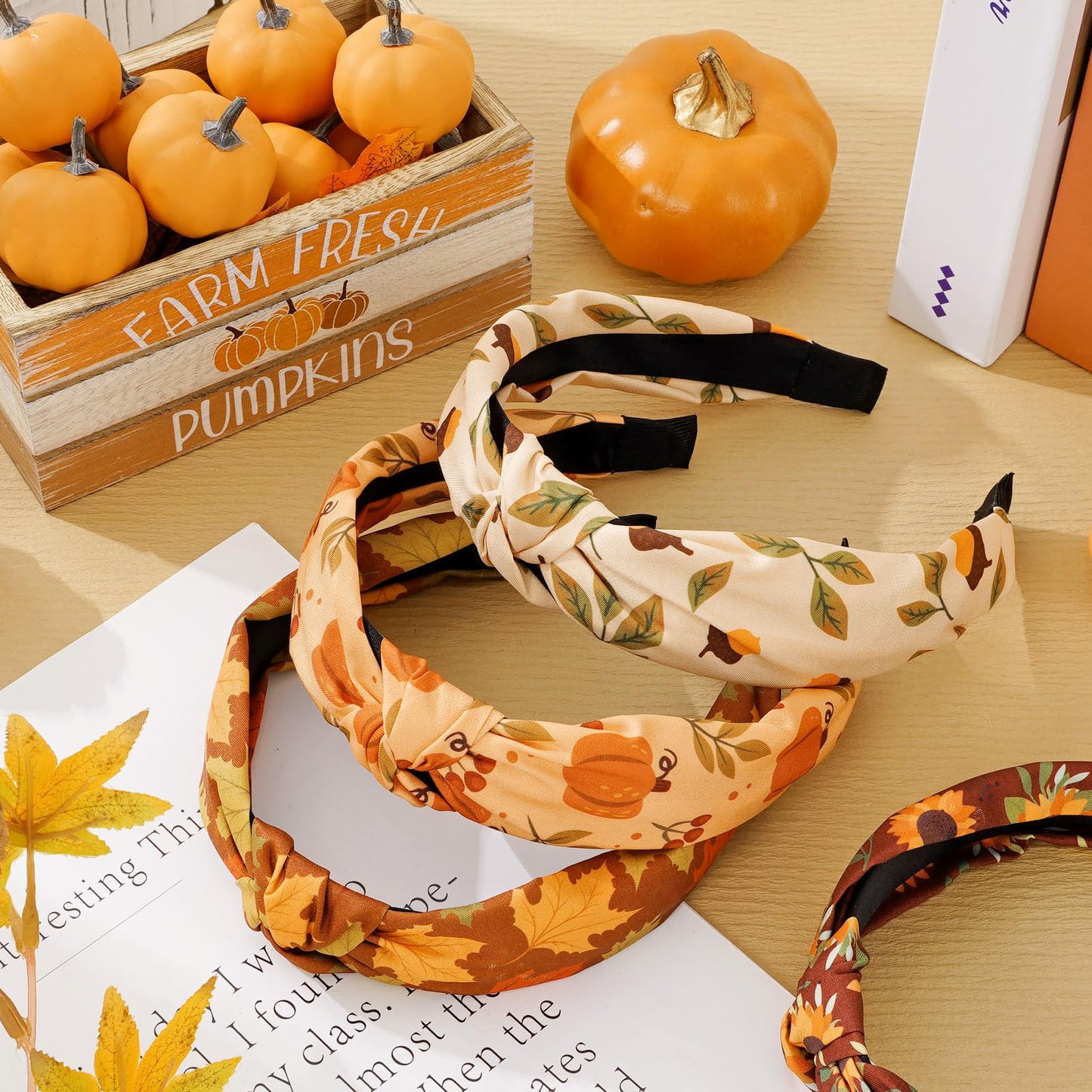 Whaline 4Pcs Fall Knotted Headbands Maple Leaves Pumpkin Sunflower Acorn Hair Hoop Autumn Harvest Decorative Hair Accessories for Thanksgiving Party Supplies Costume Makeup Decor