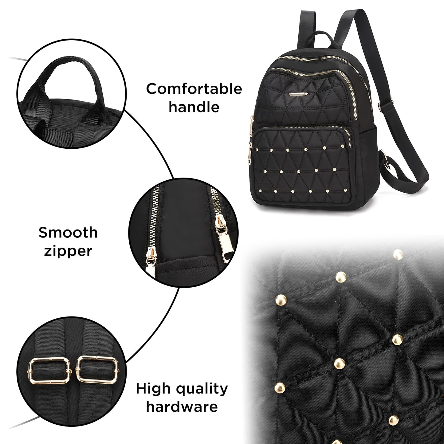 I IHAYNER Mini sac à dos pour femme en nylon Sac à main de voyage Sac à bandoulière pour l'université Travail Décontracté Sac à dos léger avec rivets pour femme Noir