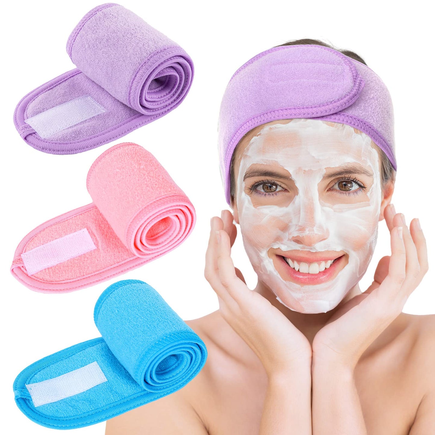 Whaline Spa Facial Headband Make Up Wrap Head Terry Cloth Headband Adjustable Towel for Face Washing,Shower, 3 Pieces (White, Black, Gray)