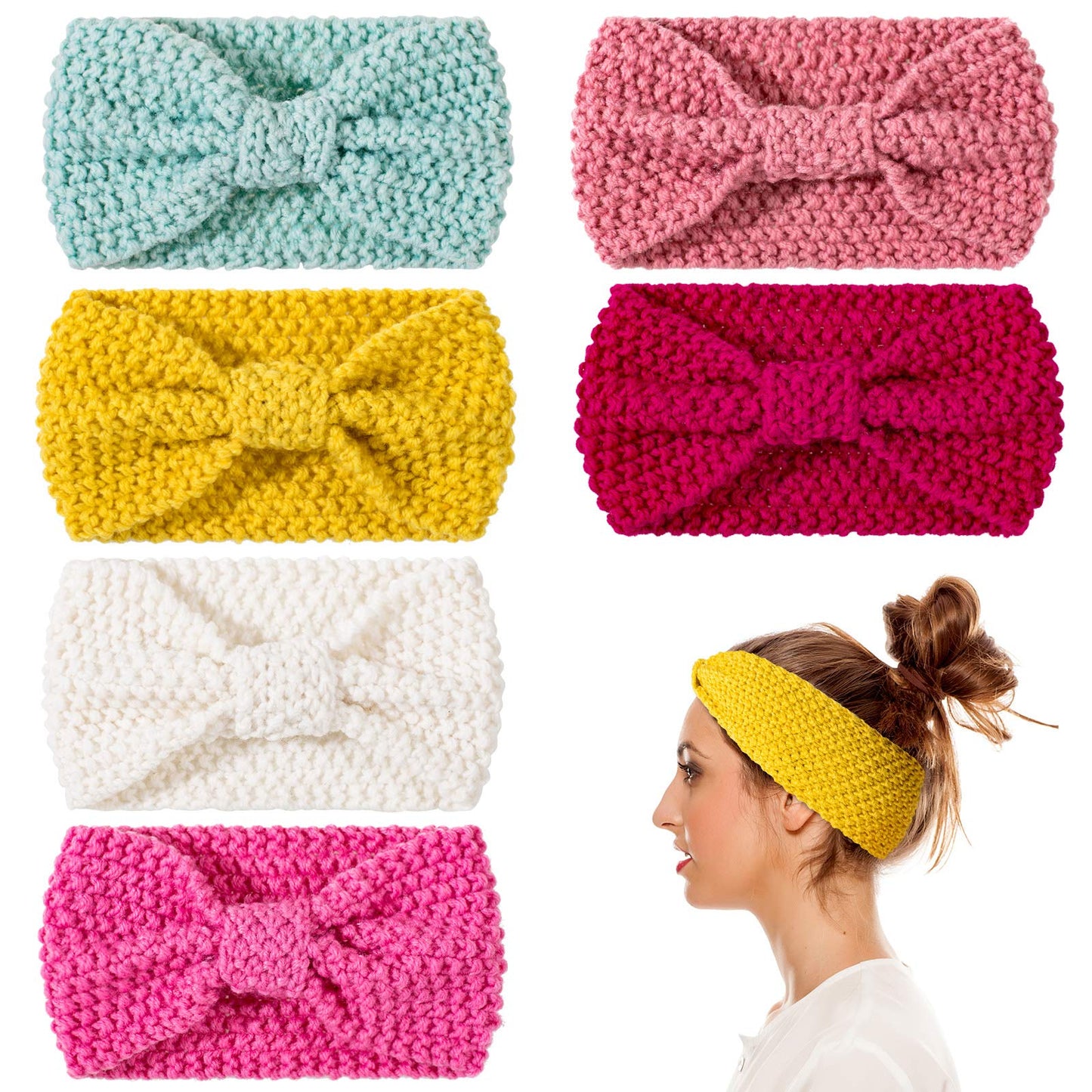 Whaline 6 Pieces Knit Headbands Winter Ear Warmers, Twisted Elastic Turban Head Wraps with Bow Knot, Hair Band Accessories, Hair Scrunchies Scarves for Women Girls (Yellow Grey Colors)