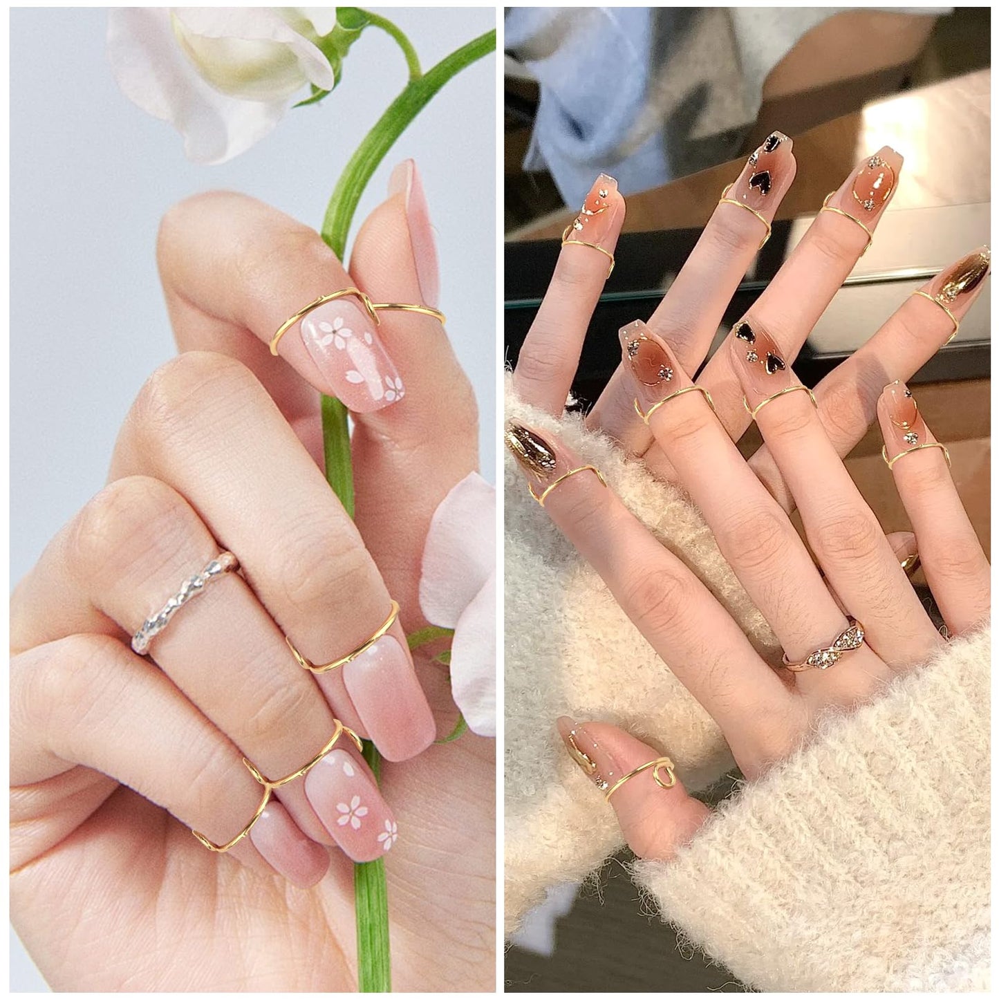 10Pcs Wudu Nail Rings Full Set Gold Reusable Nail Rings Non-Tarnish Adjustable Removable Press on Nails No Glue Metal Nail Charms for Acrylic Nails Gift for Women Halal Nails Art DIY Decoration