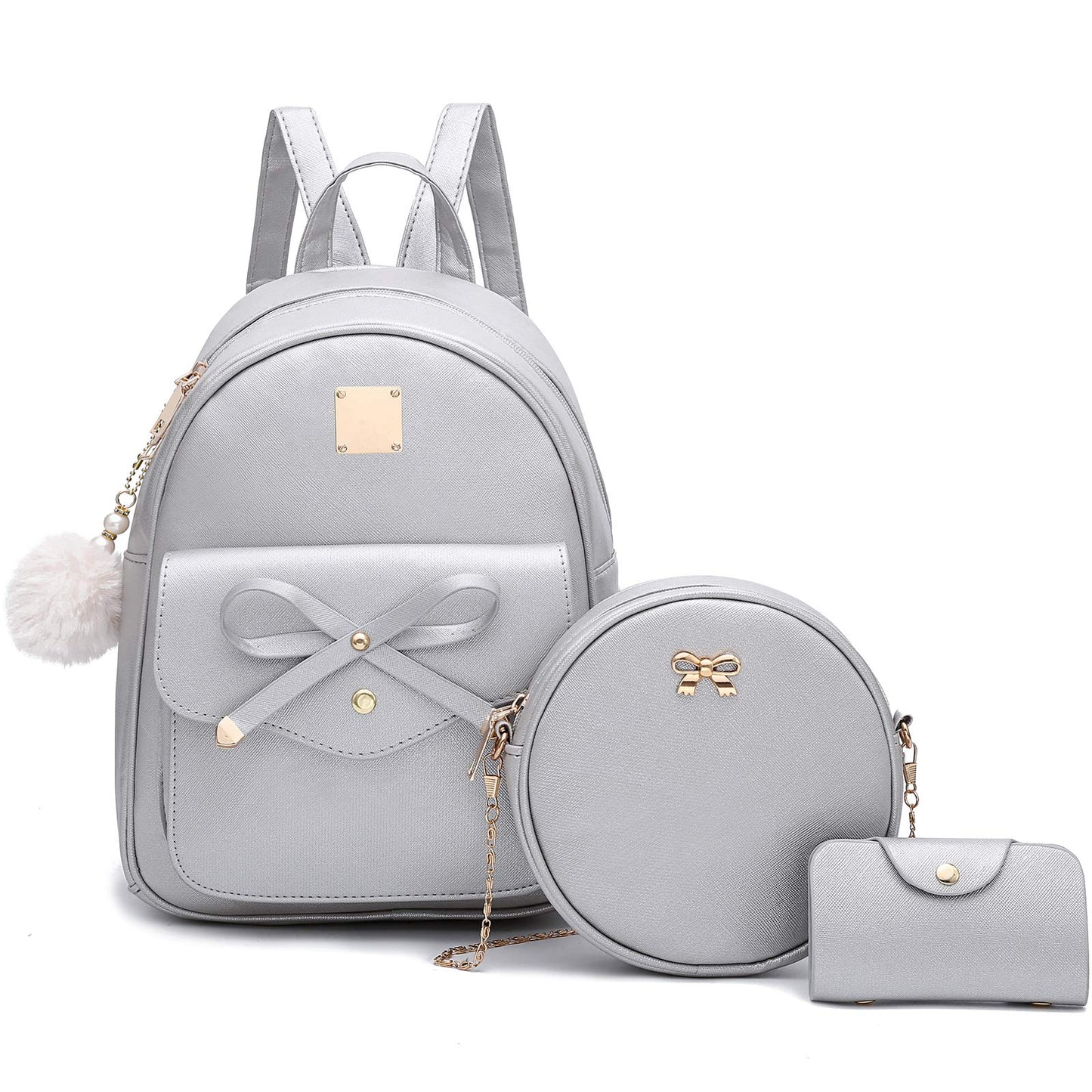 I IHAYNER Sac à dos en cuir tendance avec nœud papillon pour filles, 3 pièces, sac à dos pour femmes, sac à bandoulière 