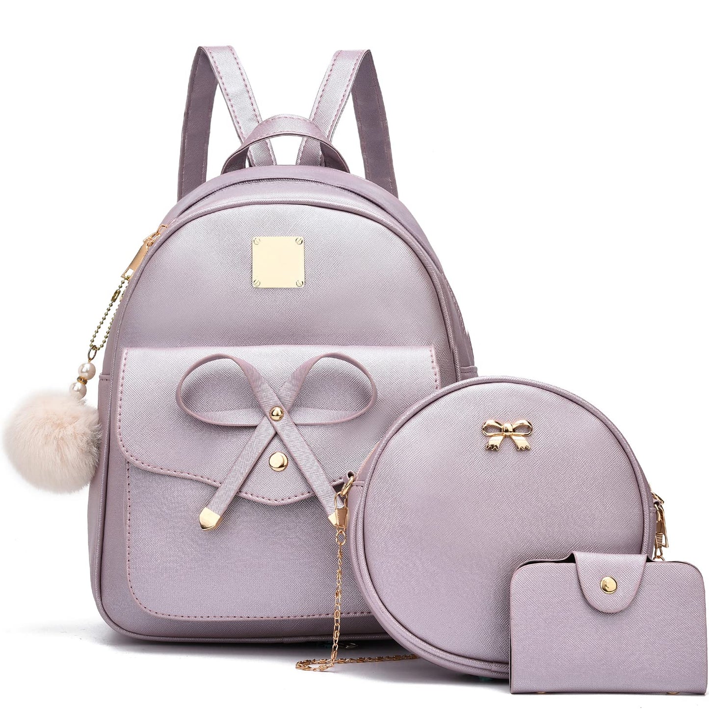 I IHAYNER Sac à dos en cuir tendance avec nœud papillon pour filles, 3 pièces, sac à dos pour femmes, sac à bandoulière 