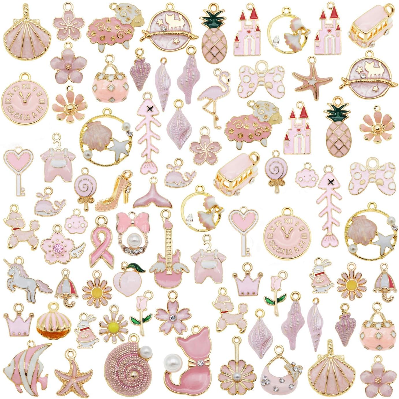 40pcs(20PAIRS) Assorted Gold Plated Enamel Animals Fruit Moon Star Dainty Dangle Flowers Pendants Charms for Jewelry Making Necklace Bracelet, Pink Theme