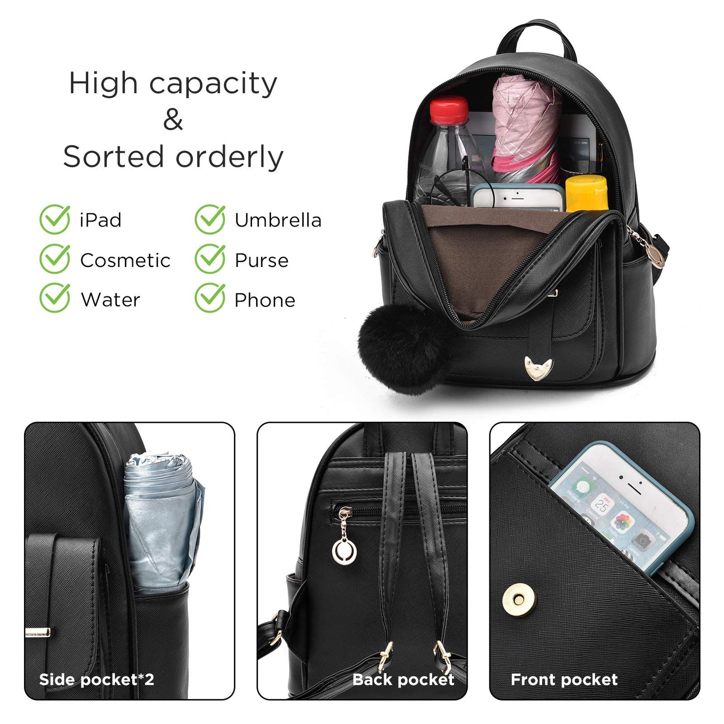 I IHAYNER Sac à dos tendance pour filles Mini sac à dos pour femmes Sacs à main pour adolescentes Sac à dos à pompon en cuir PU Sac à bandoulière