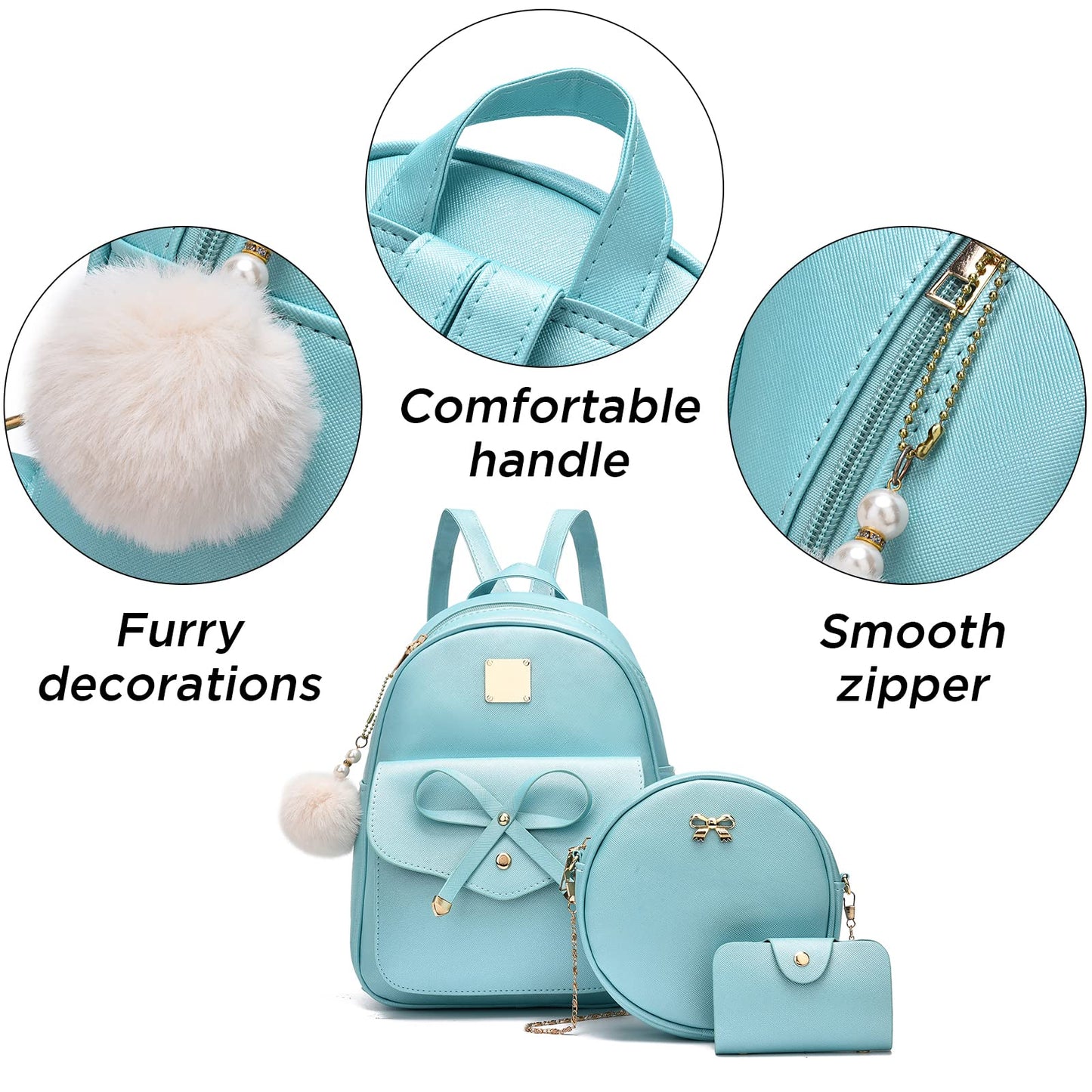 I IHAYNER Sac à dos en cuir tendance avec nœud papillon pour filles, 3 pièces, sac à dos pour femmes, sac à bandoulière 