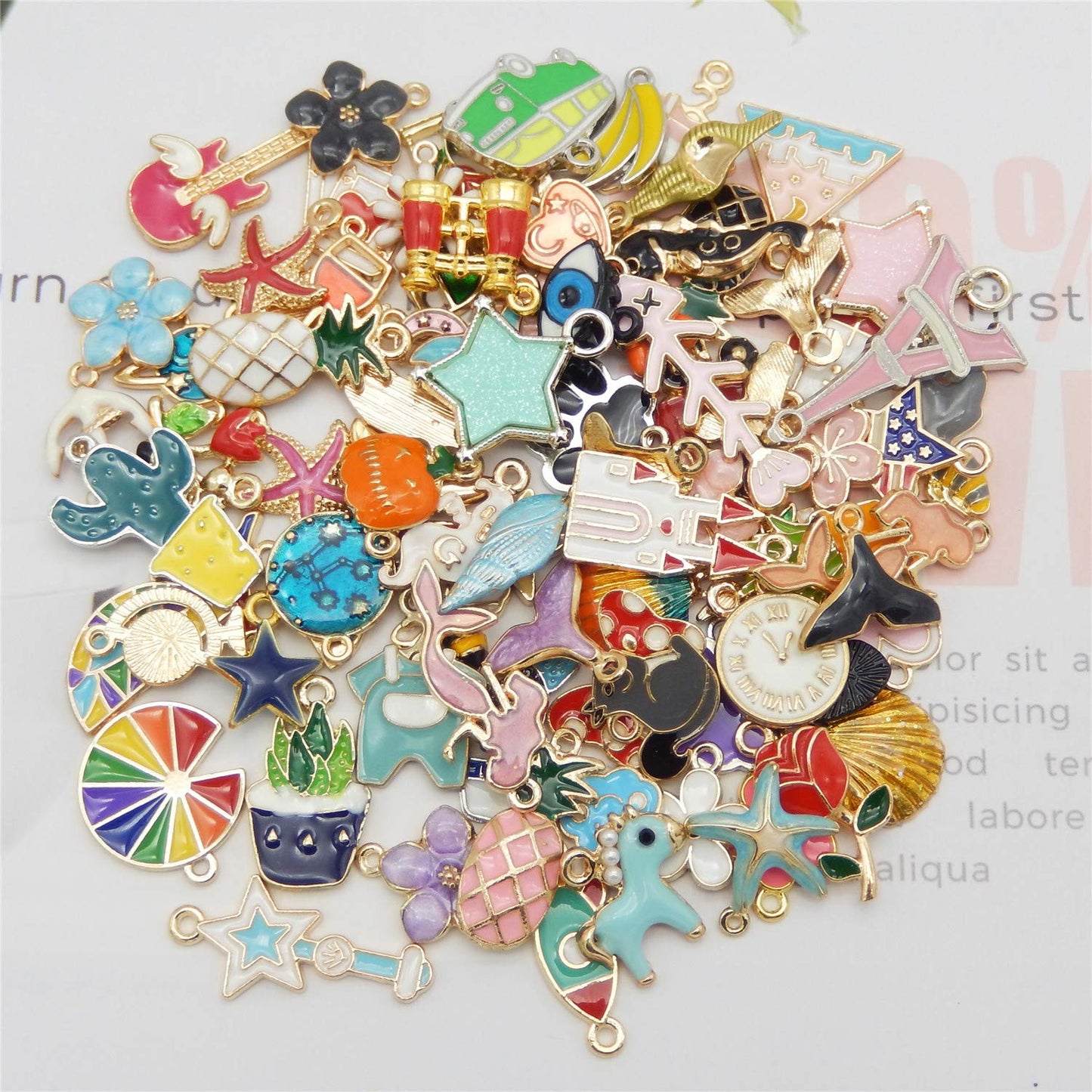 JJG 100Pcs(50PAIRS) Assorted Fruits Mermaid Animals Gold Plated Enamel Pendants Necklace Bracelet Charms for Earrings Jewelry Making