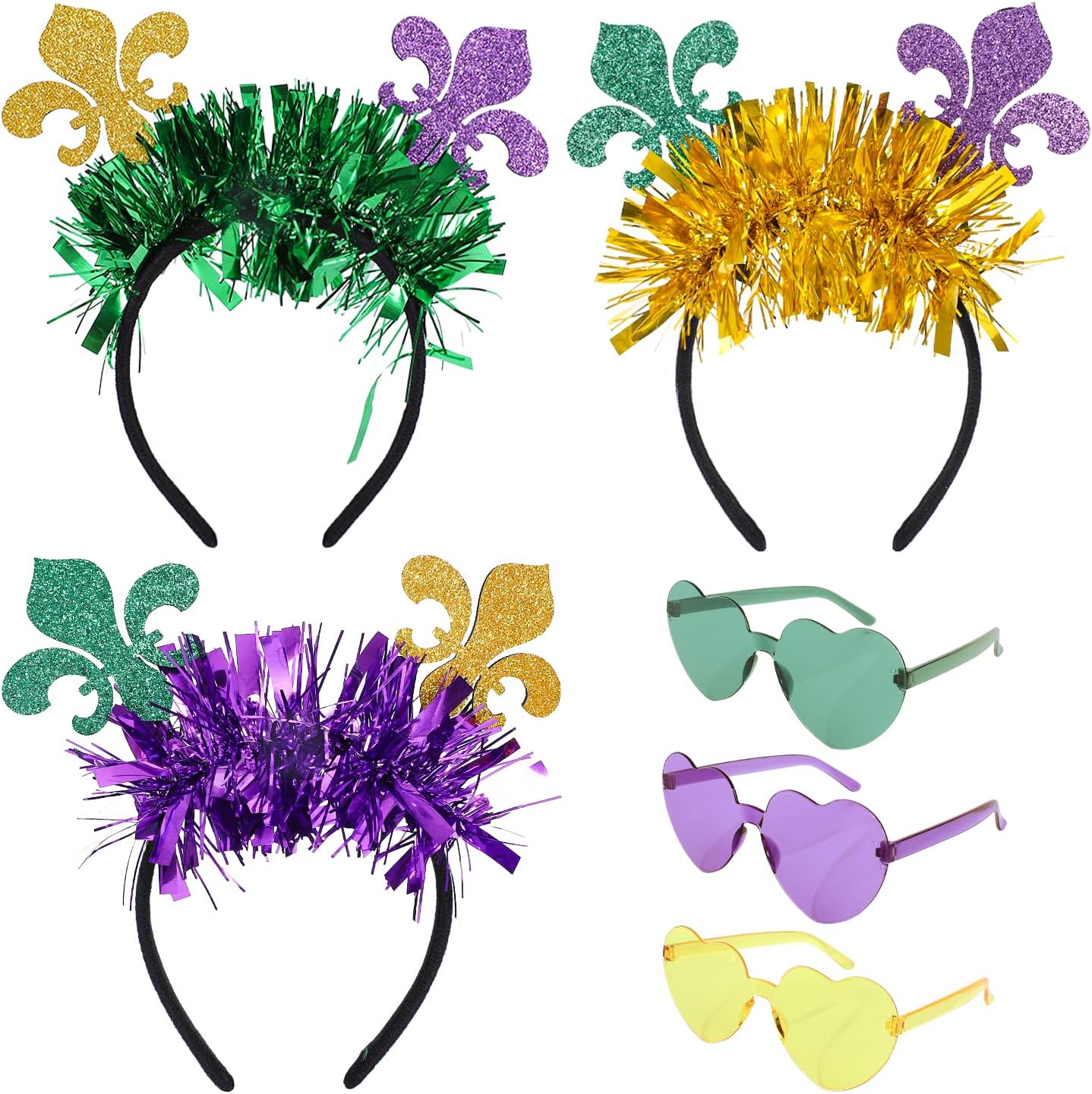 Whaline 6 Pcs Mardi Gras Accessory Set 3 Mardi Gras Glitter Headband Carnival Headband 3 Mardi Gras Heart Glasses Mardi Gras Costume Hairbands for Women Girl Cosplay Supplies, Purple, Yellow, Green