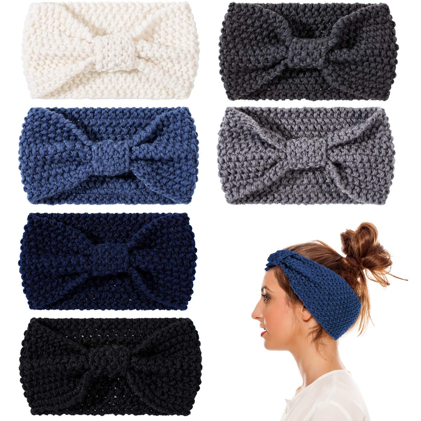 Whaline 6 Pieces Knit Headbands Winter Ear Warmers, Twisted Elastic Turban Head Wraps with Bow Knot, Hair Band Accessories, Hair Scrunchies Scarves for Women Girls (Yellow Grey Colors)