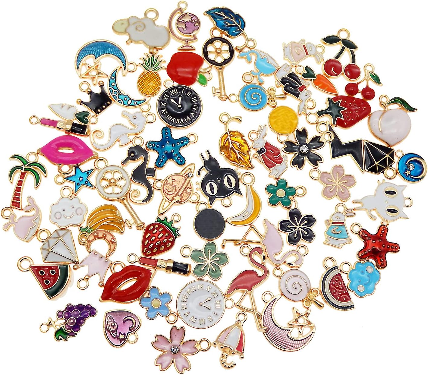 JJG Lot de 60 pendentifs en émail plaqué or assortis en forme de lune, d'étoile, d'animaux, de fruits, de fleurs, pour boucles d'oreilles, fabrication de bijoux, colliers, bracelets 