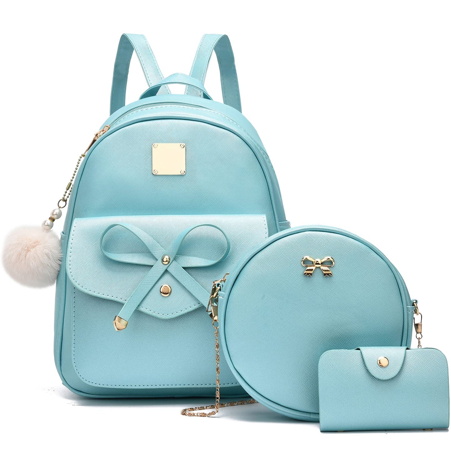 I IHAYNER Sac à dos en cuir tendance avec nœud papillon pour filles, 3 pièces, sac à dos pour femmes, sac à bandoulière 