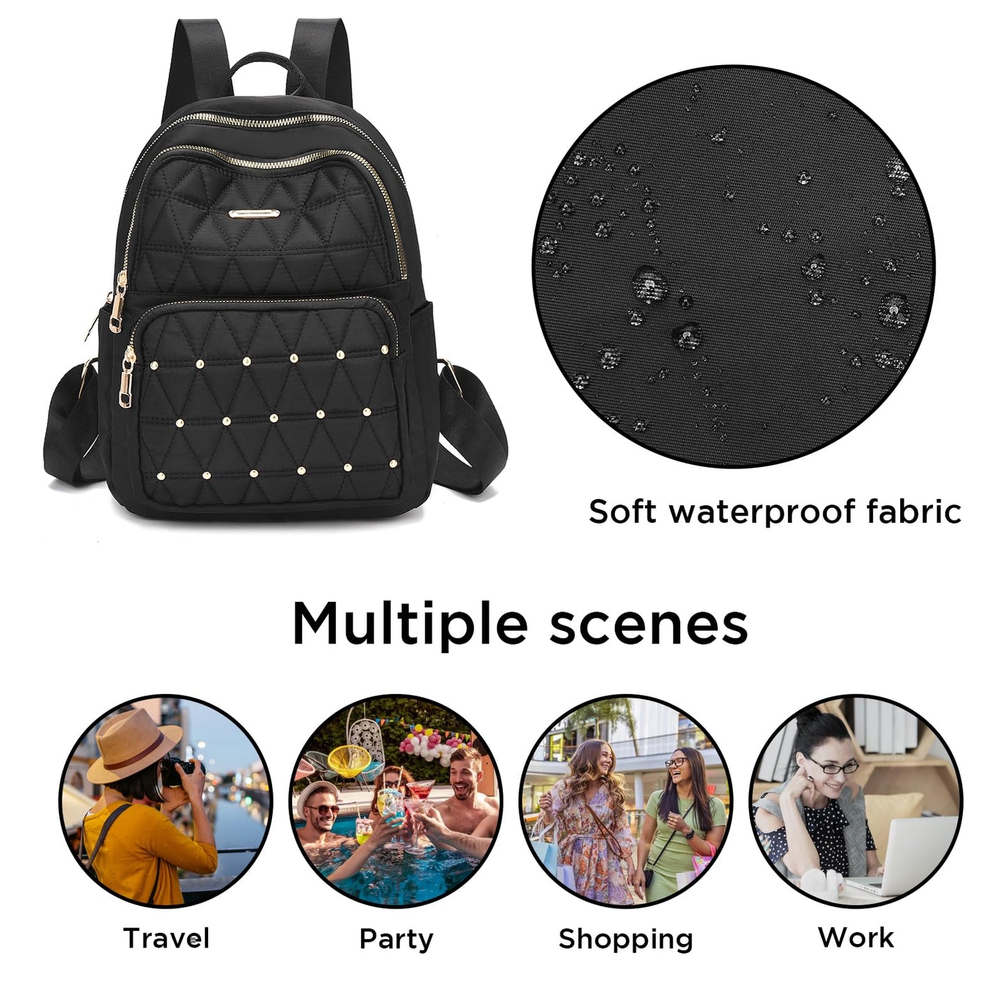 I IHAYNER Mini sac à dos pour femme en nylon Sac à main de voyage Sac à bandoulière pour l'université Travail Décontracté Sac à dos léger avec rivets pour femme Noir