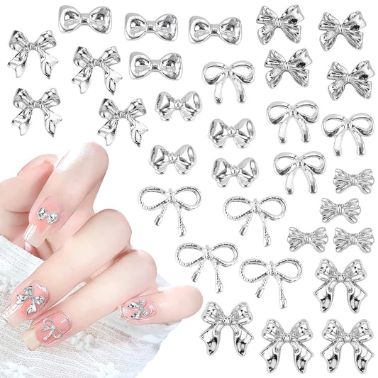 80Pcs 3D Silver Bow Nail Charms Y2k for Acrylic Nails Bulk Bowknot Art Charms for Nails Cute Kawaii Jewelry Charms for Kids Design Tiny Bows Decoration Flatback Mixed Small Accessories for DIY