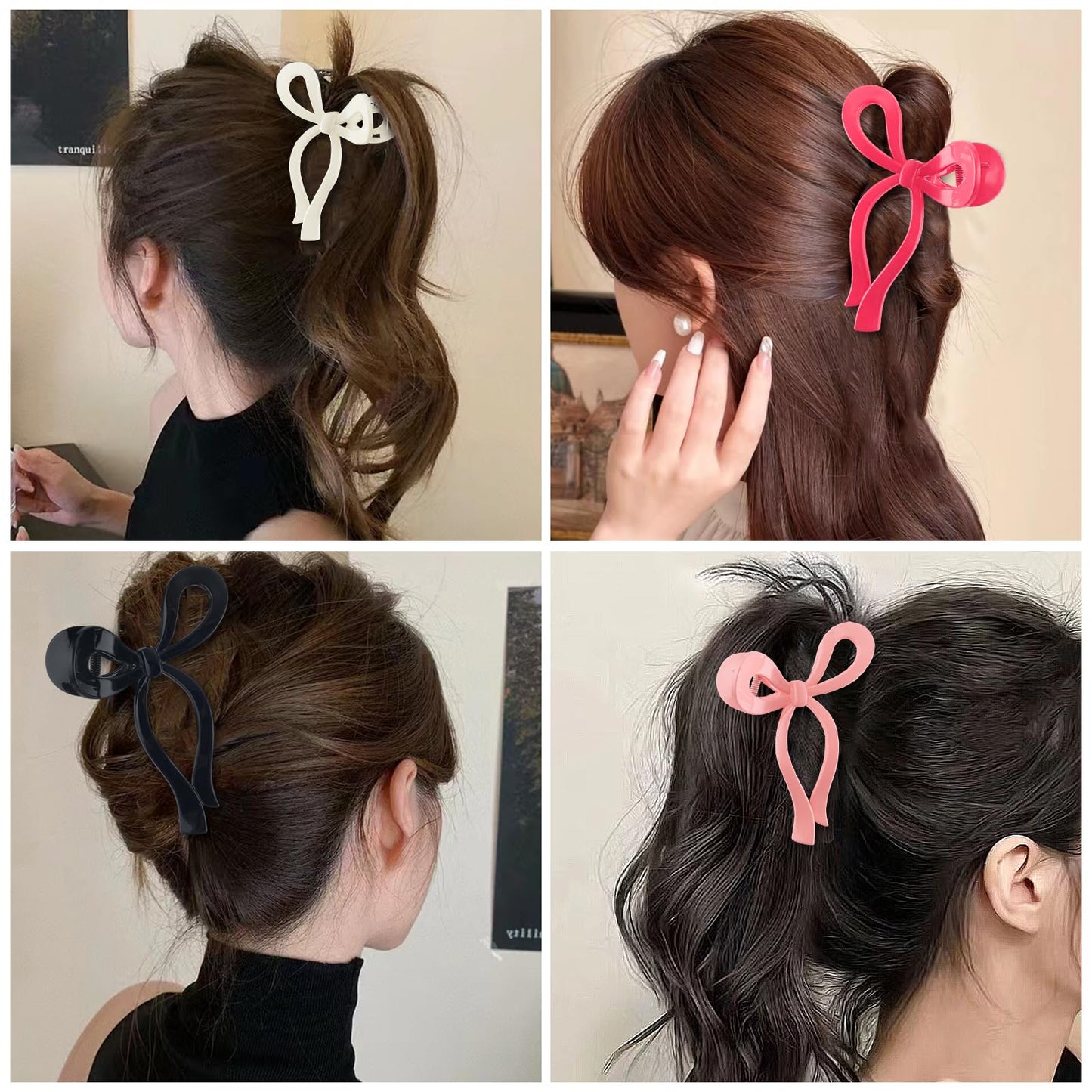 4Pcs Bow Hair Claw Clips for Women Girls Cute Extra Large Claw Clips Off White Brown Pink Grey Ribbon Hair Bows for Thick Thin Long Short Curly Hair Clips Claws Clamps Accessories Styling Gift