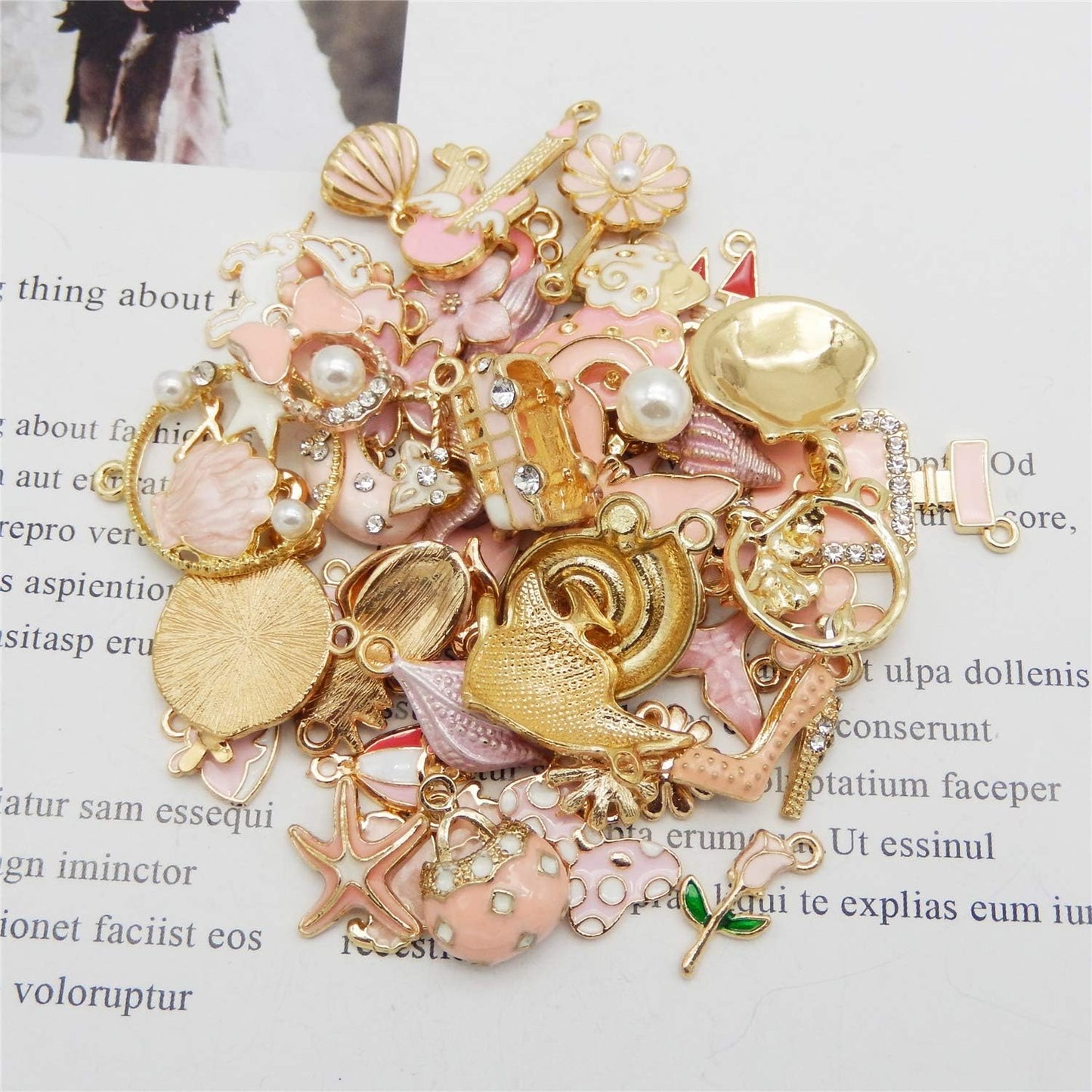 40pcs(20PAIRS) Assorted Gold Plated Enamel Animals Fruit Moon Star Dainty Dangle Flowers Pendants Charms for Jewelry Making Necklace Bracelet, Pink Theme