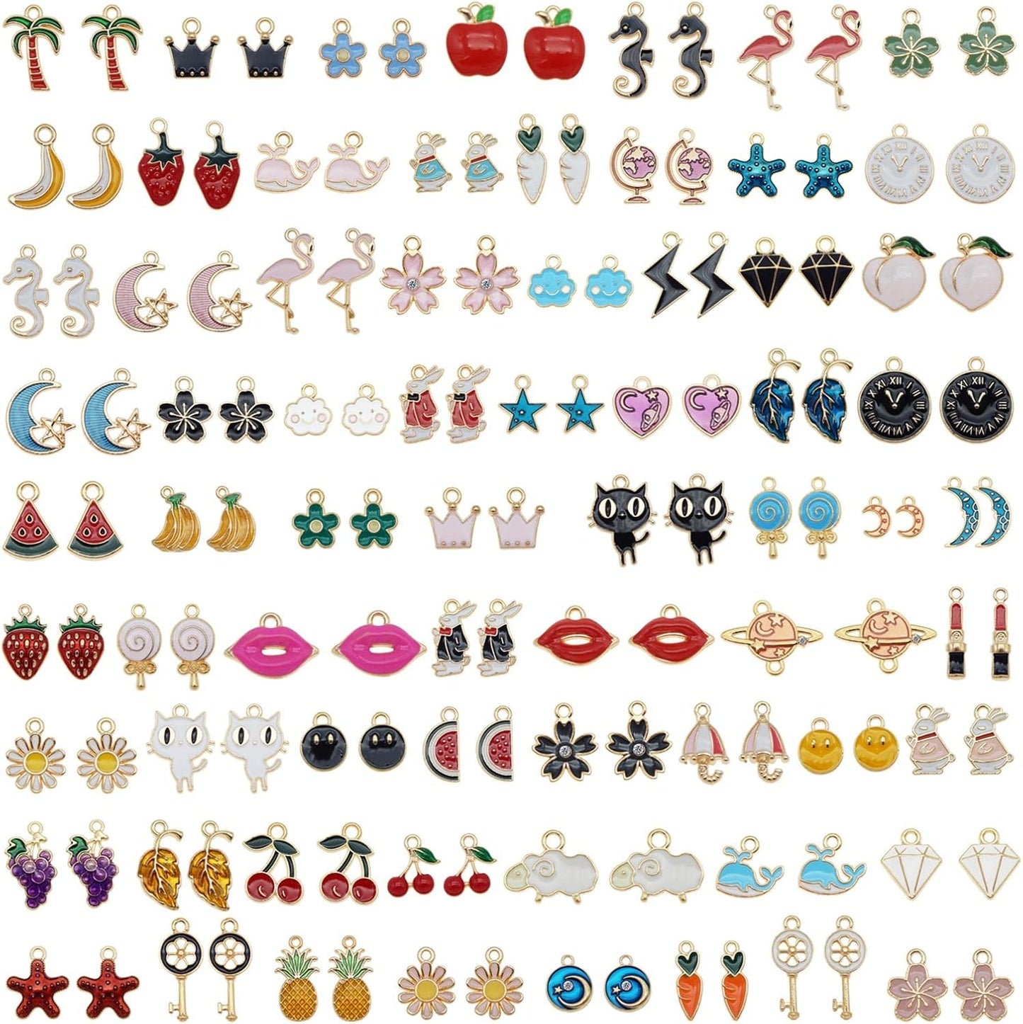 JJG Lot de 60 pendentifs en émail plaqué or assortis en forme de lune, d'étoile, d'animaux, de fruits, de fleurs, pour boucles d'oreilles, fabrication de bijoux, colliers, bracelets 