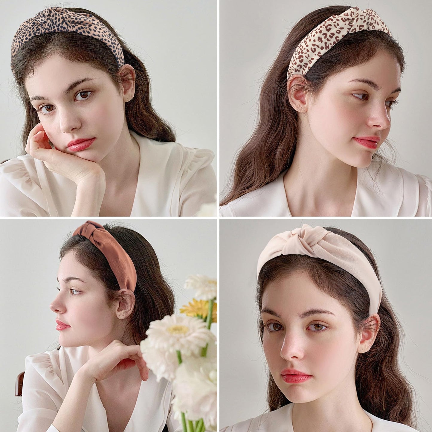 5Pcs Knotted Headband for Women Girls Adult Brown Leopard Hairbands Set Skincare Non Slip Thick Curly Hair Hoop Soft Cute Headwear Cloth Bulk Fancy Fashion Accessories Makeup Spa Washing Face