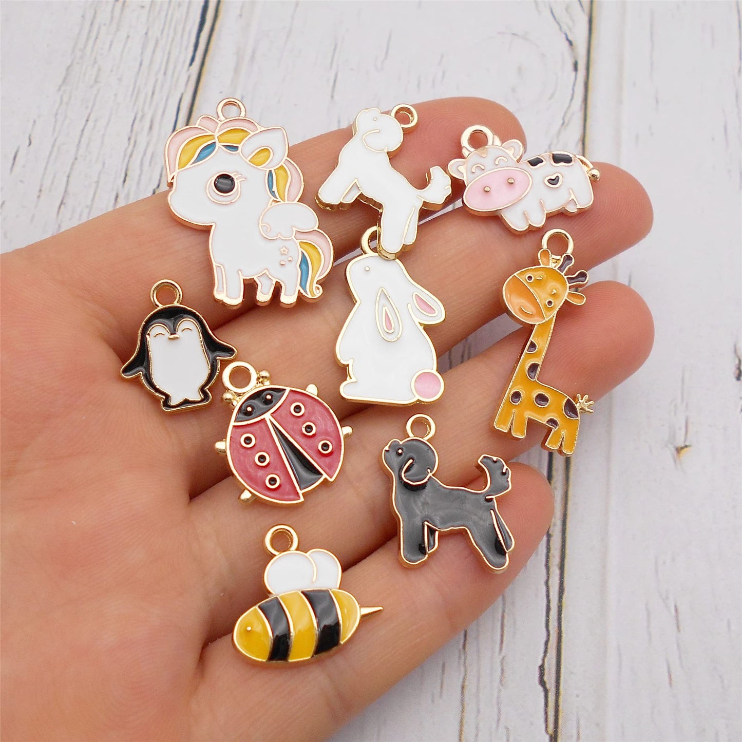 JJG 18pcs(9PAIRS) Assorted Gold Plated Enamel Dog Penguin Giraffe Dainty Dangle Cute Animals Charms for Jewelry Making Necklace Bracelet