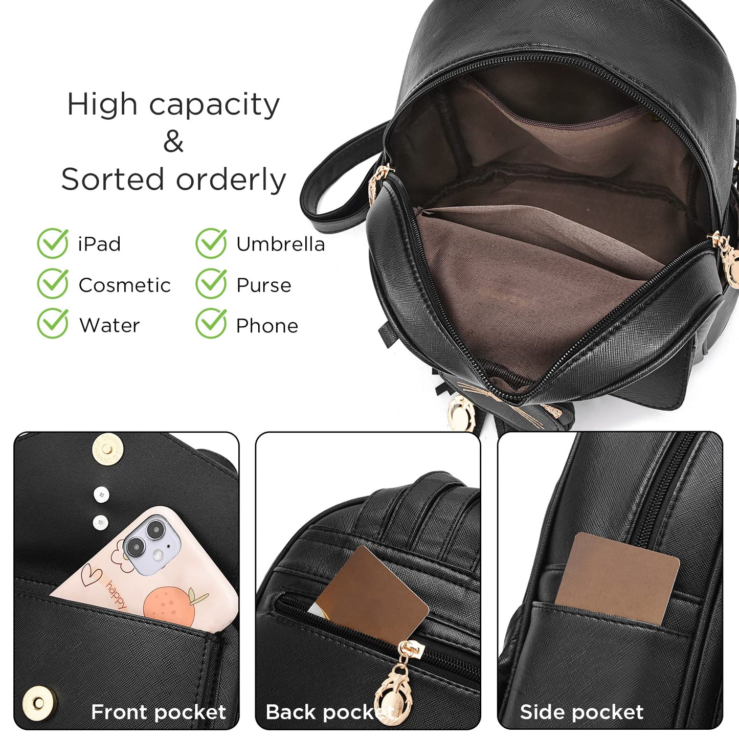 I IHAYNER Mini sac à dos pour filles Petit sac à dos pour adolescentes Femmes Mini sac à dos en cuir Sac à dos pour enfants avec sac à main Chaton 