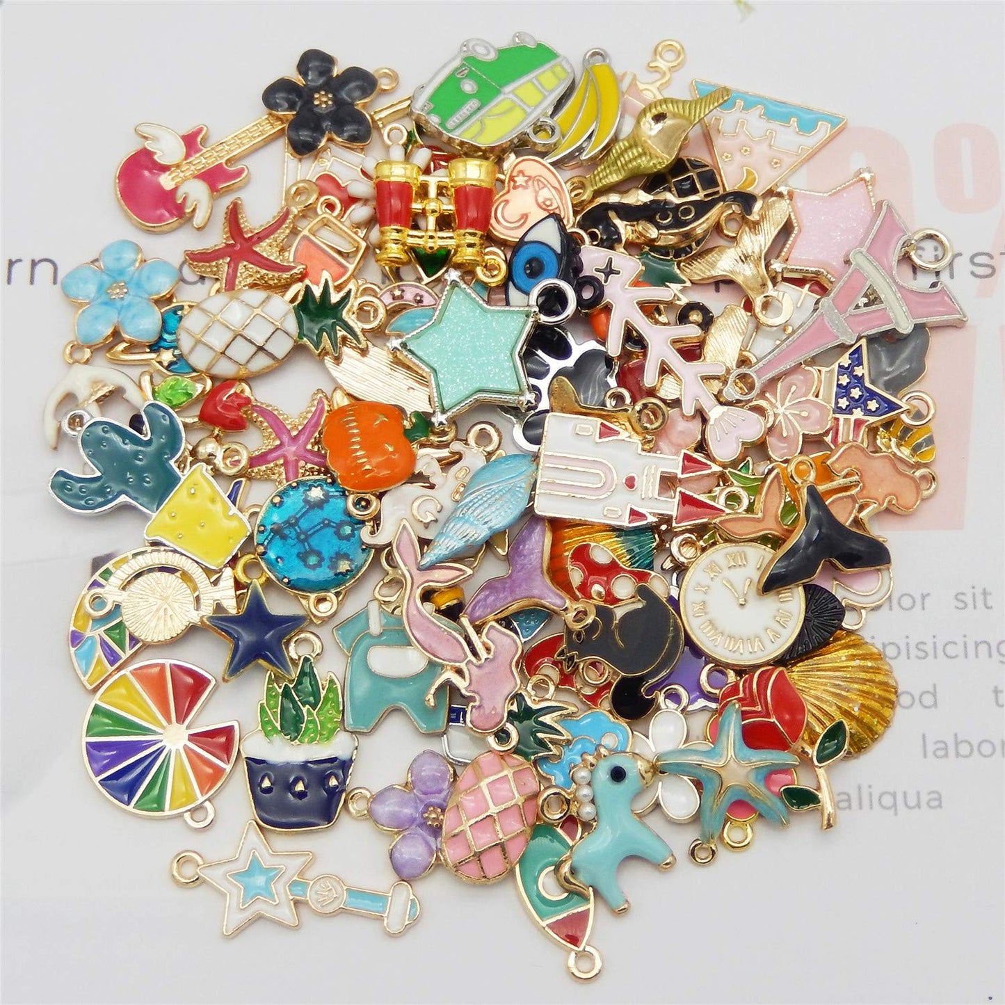 JJG 100Pcs(50PAIRS) Assorted Fruits Mermaid Animals Gold Plated Enamel Pendants Necklace Bracelet Charms for Earrings Jewelry Making