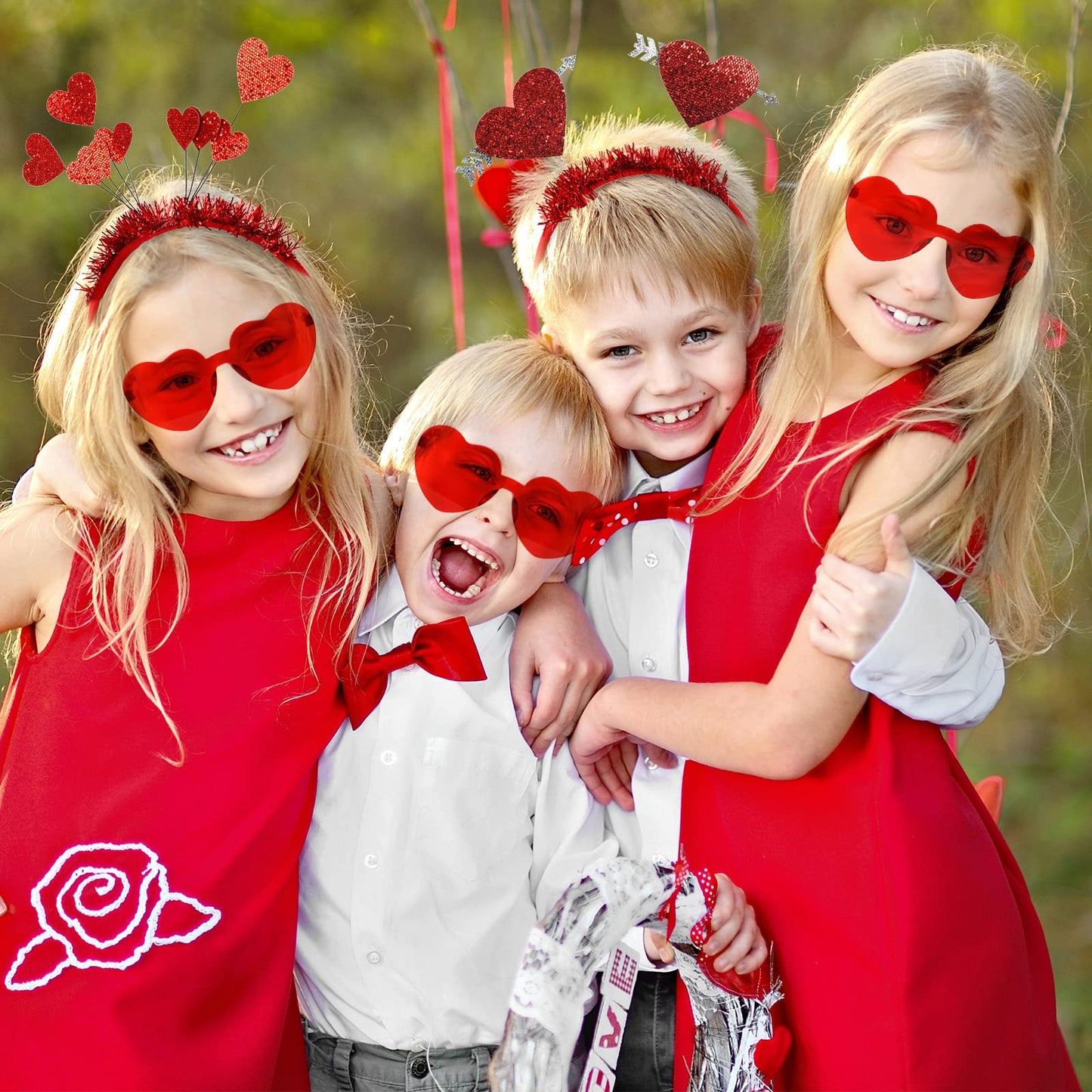 Whaline Party-Zubehör zum Valentinstag, 6 glitzernde rote Herz-Bopper-Stirnbänder und 6 Paar herzförmige Brillen, funkelndes Haarband mit Liebespfeilen, transparente Brille für Gastgeschenke bei Hochzeiten