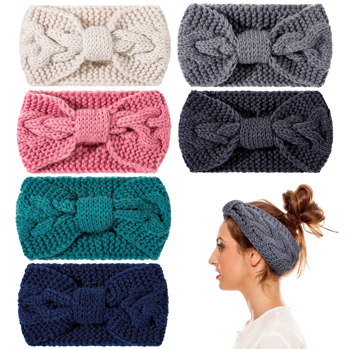 Whaline 6 Pieces Knit Headbands Winter Ear Warmers, Twisted Elastic Turban Head Wraps with Bow Knot, Hair Band Accessories, Hair Scrunchies Scarves for Women Girls (Yellow Grey Colors)