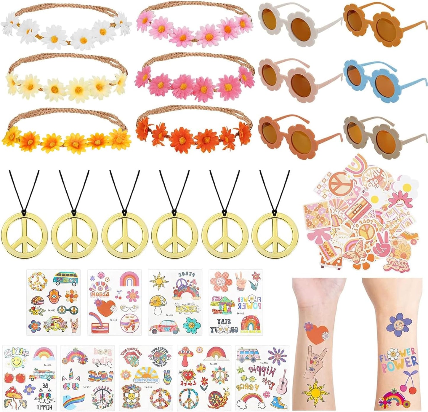 Whaline 77Pcs Groovy Hippie Party Accessories Daisy Flower Headbands Hippie Round Flower Glasses Peace Sign Necklace Temporary Tattoos for Retro Boho Costume Accessories Kids 60s 70s Party Gifts