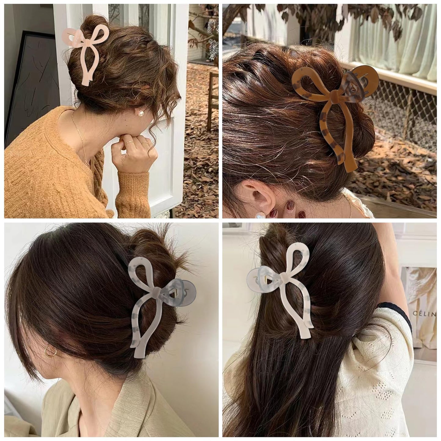 4Pcs Bow Hair Claw Clips for Women Girls Cute Extra Large Claw Clips Off White Brown Pink Grey Ribbon Hair Bows for Thick Thin Long Short Curly Hair Clips Claws Clamps Accessories Styling Gift