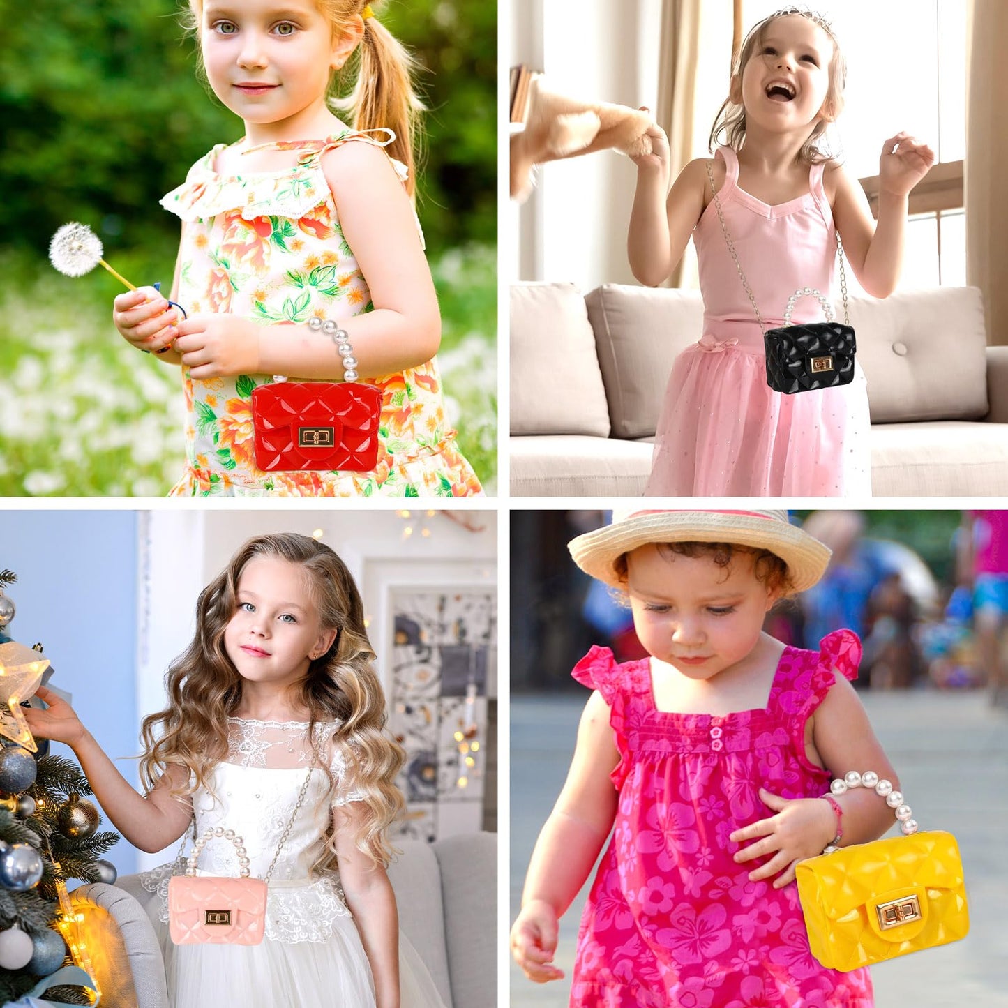 Whaline 6Pcs Mini Purse Small PVC Jelly Crossbody Bag Cute Toddler Princess Handbag with Pearl Handle for Women Girl Bridesmaid Birthday Party Gift Supplies