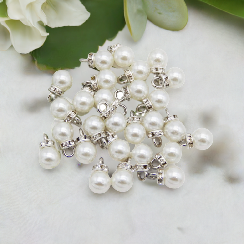 100pcs 8mm White Imitation Pearl Charms Pendants Faux Pearl Beads Charms with Rhinestone for Dangle Earrings Necklace Jewelry Making